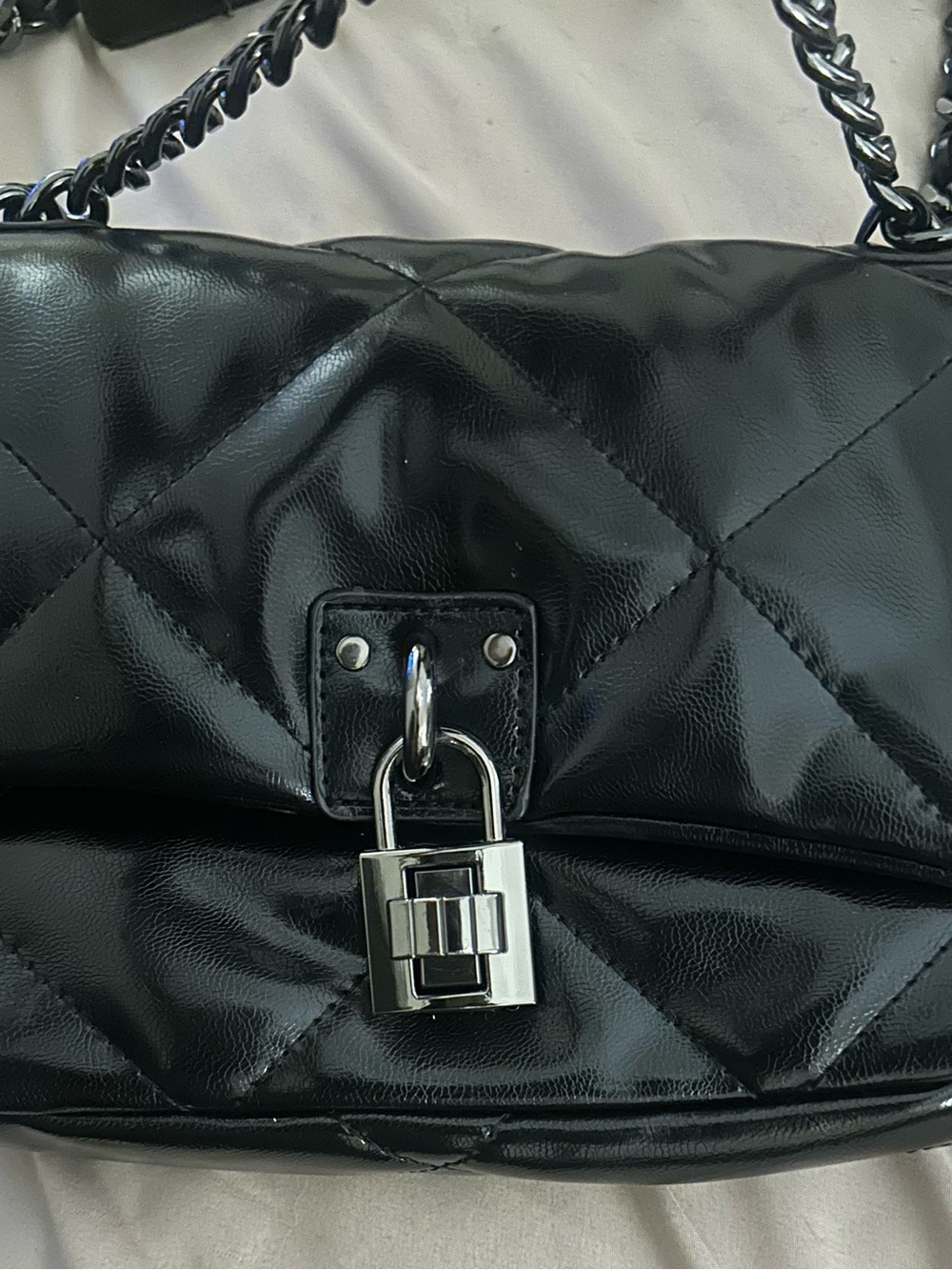 Quilted Black Chain-Handle Shoulder Bag with Silver Lock